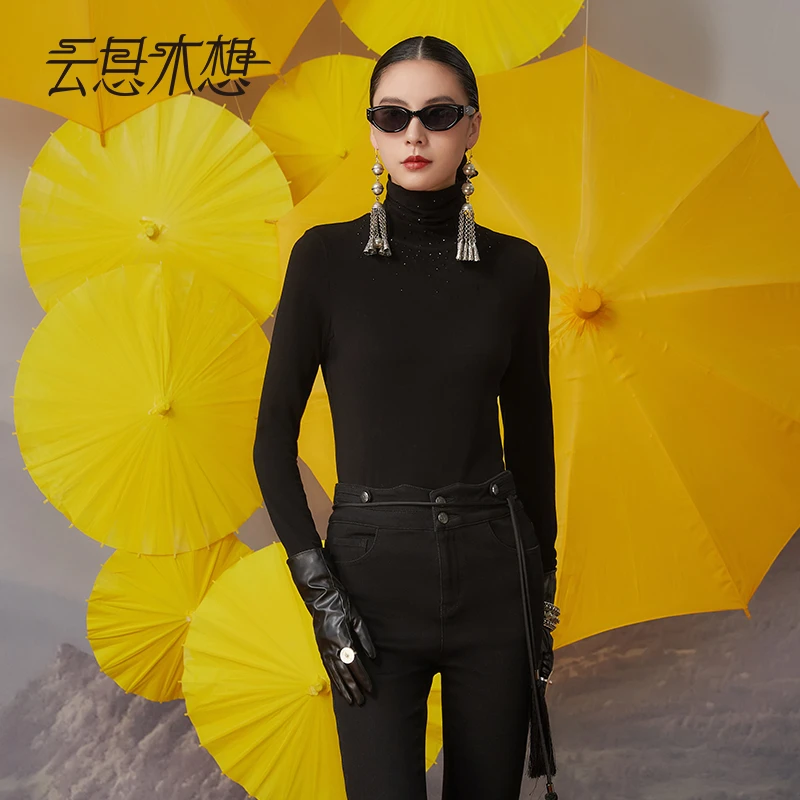 Ysimo-X云思木想摩登国风女装2024秋冬新款高领烫钻百搭T恤12374