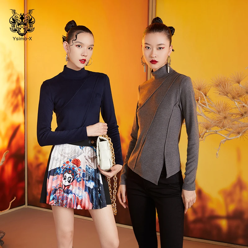 云思木想摩登中国风秋季新款前幅分割设计下摆开叉T恤女68759