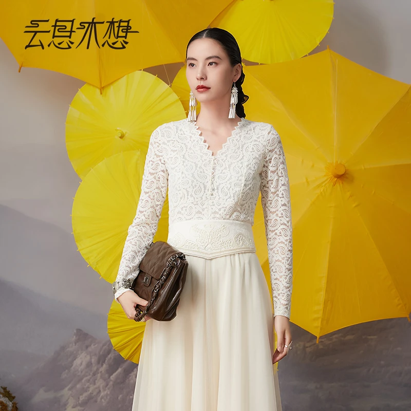 Ysimo-X云思木想摩登国风女装2024秋冬新款V领优雅蕾丝衫12356