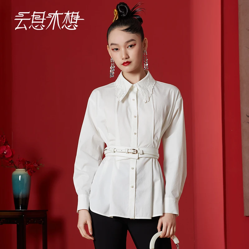 Ysimo-X云思木想原创中国风2024春季新款绣花打揽收腰衬衫11335