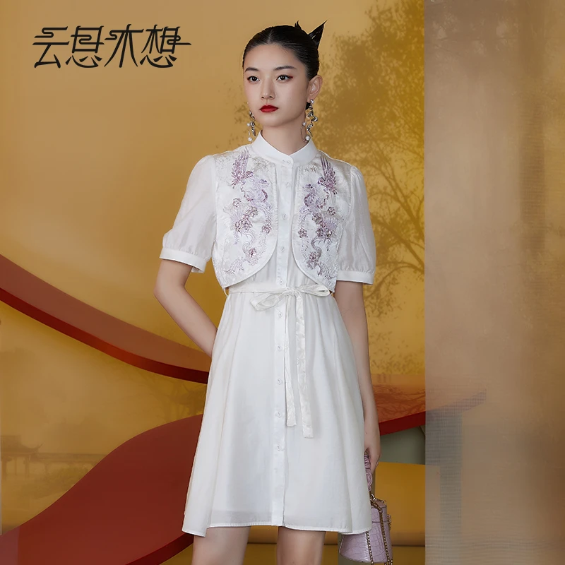 Ysimo-X云思木想新中式2024夏季新款绣花系带假两件连衣裙11605