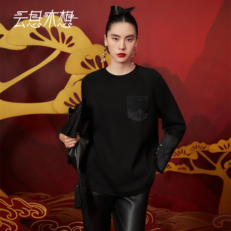 Ysimo-X云思木想 云亭烟阁 提花拼接莫代尔混纺套头卫衣12684