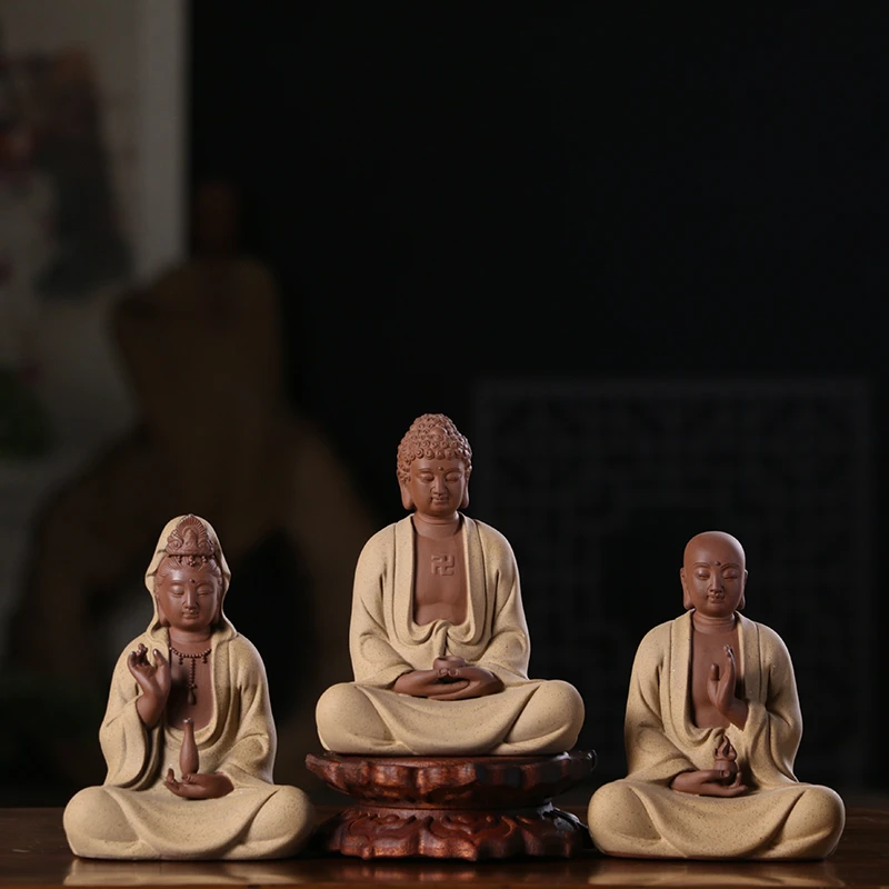 娑婆三圣释迦牟尼佛像观音地藏菩萨供奉客厅车载摆件陶瓷手工艺品