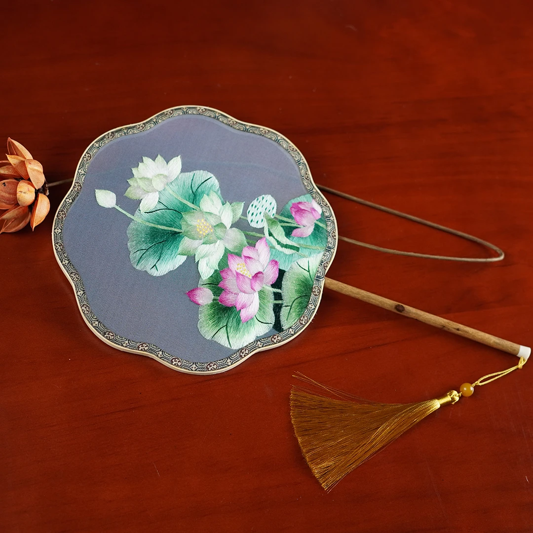 精品纯手工苏州刺绣苏绣双面绣团扇湘妃竹 荷花