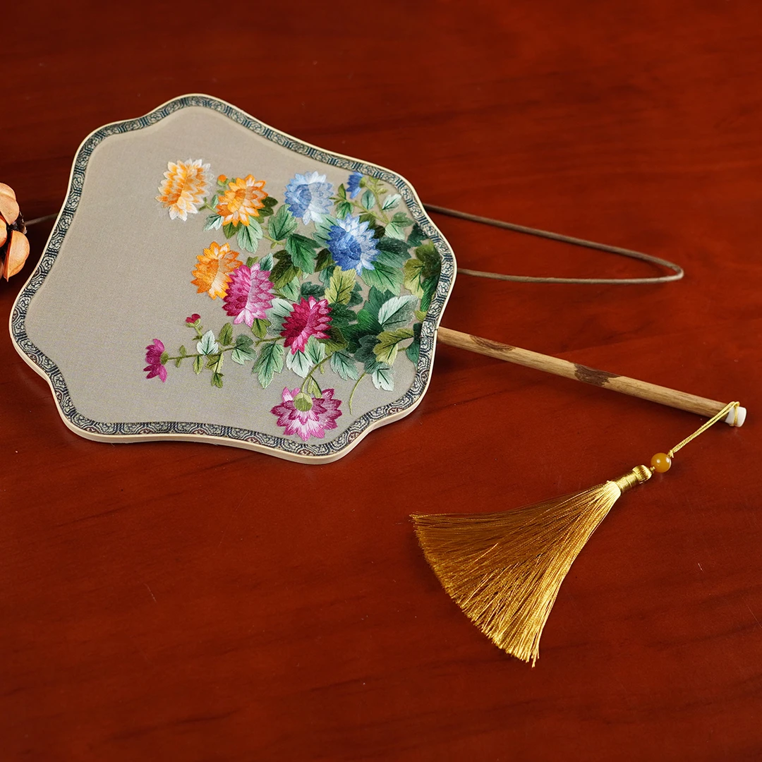 纯手工苏州刺绣苏绣双面绣团扇湘妃竹 菊花