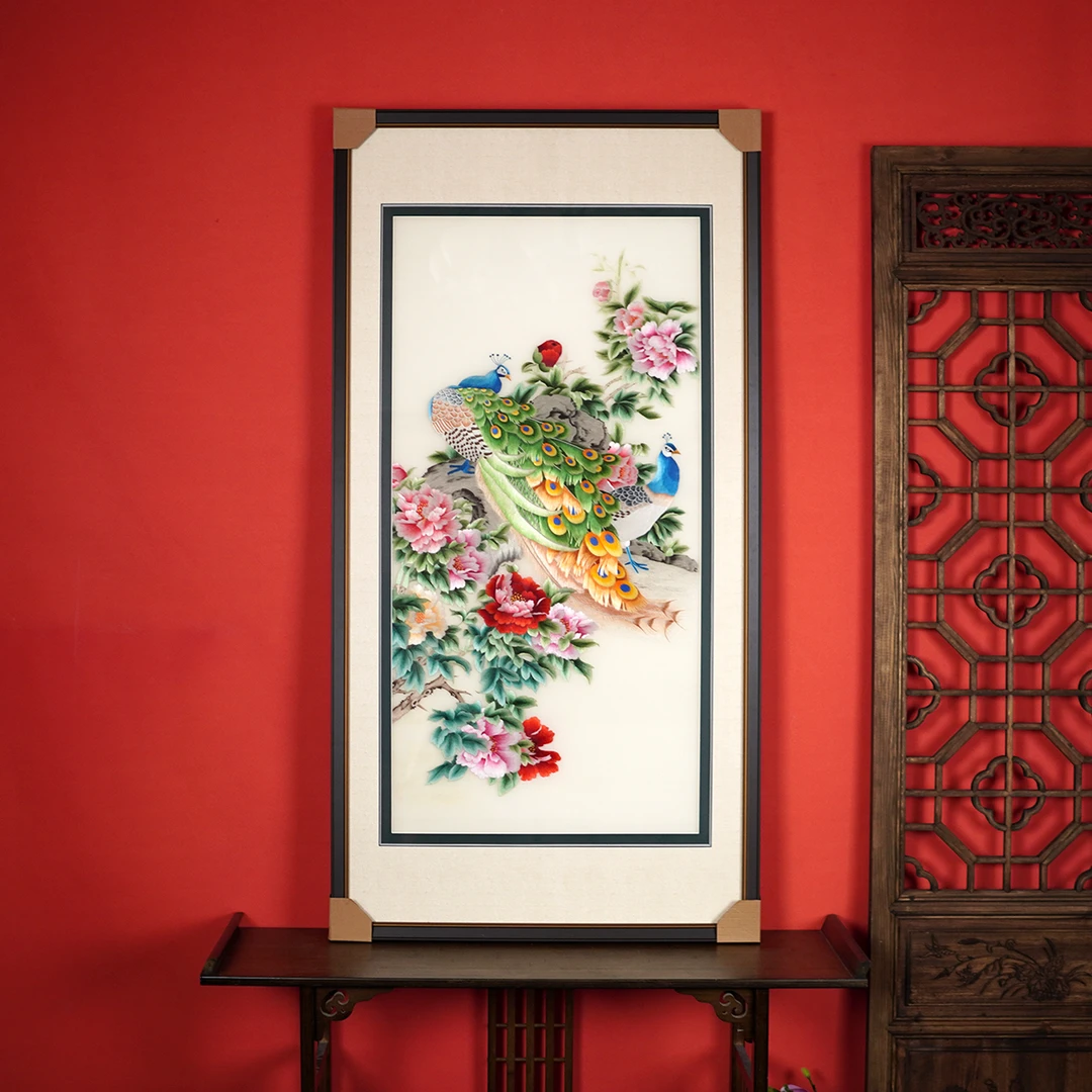 纯手工苏州刺绣苏绣成品挂画玄关走道装饰画 富贵祯祥 孔雀