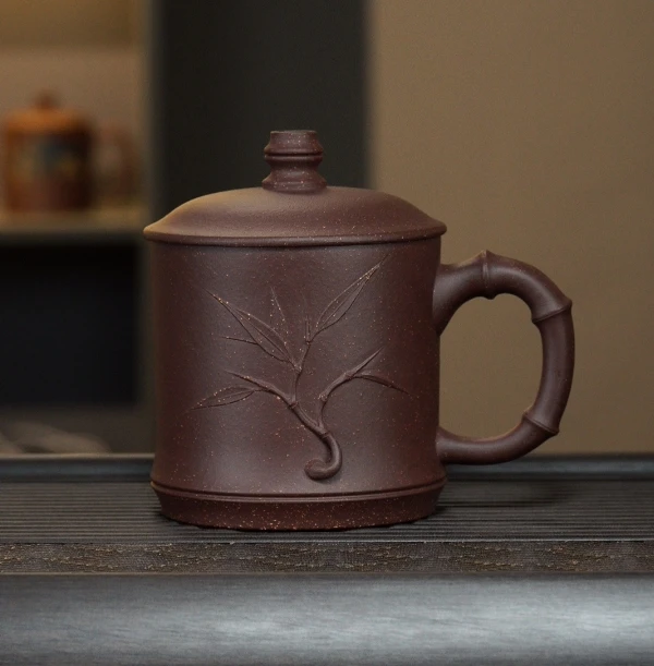 宜兴原矿紫砂盖杯手工制作紫玉金砂全手工贴竹叶竹节家用办公盖杯