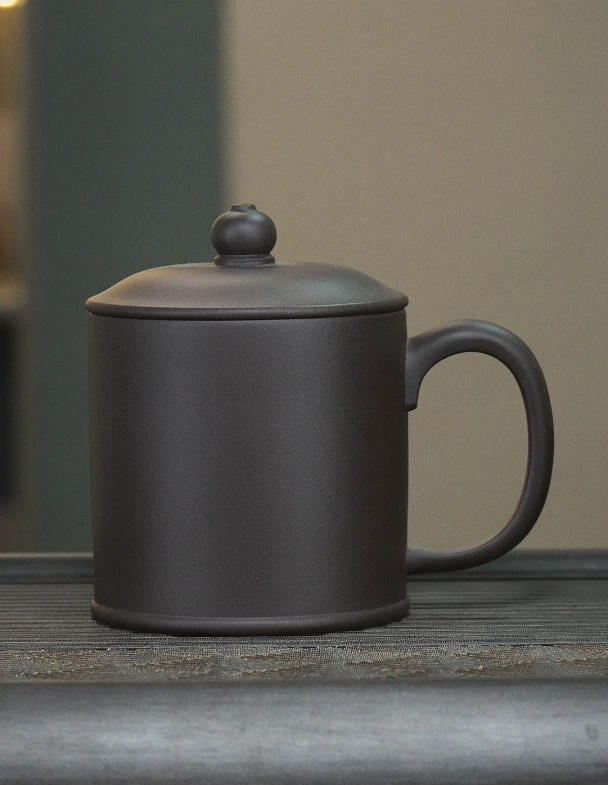 宜兴原矿紫砂盖杯紫茄泥全手工老板杯盖杯办公家用盖杯带盖