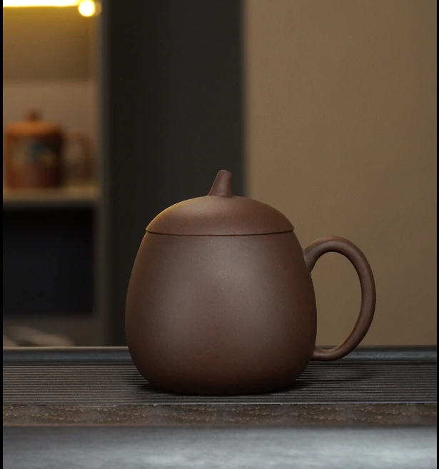 宜兴原矿紫砂盖杯手工制作紫泥光素小茄瓜家用办公盖杯