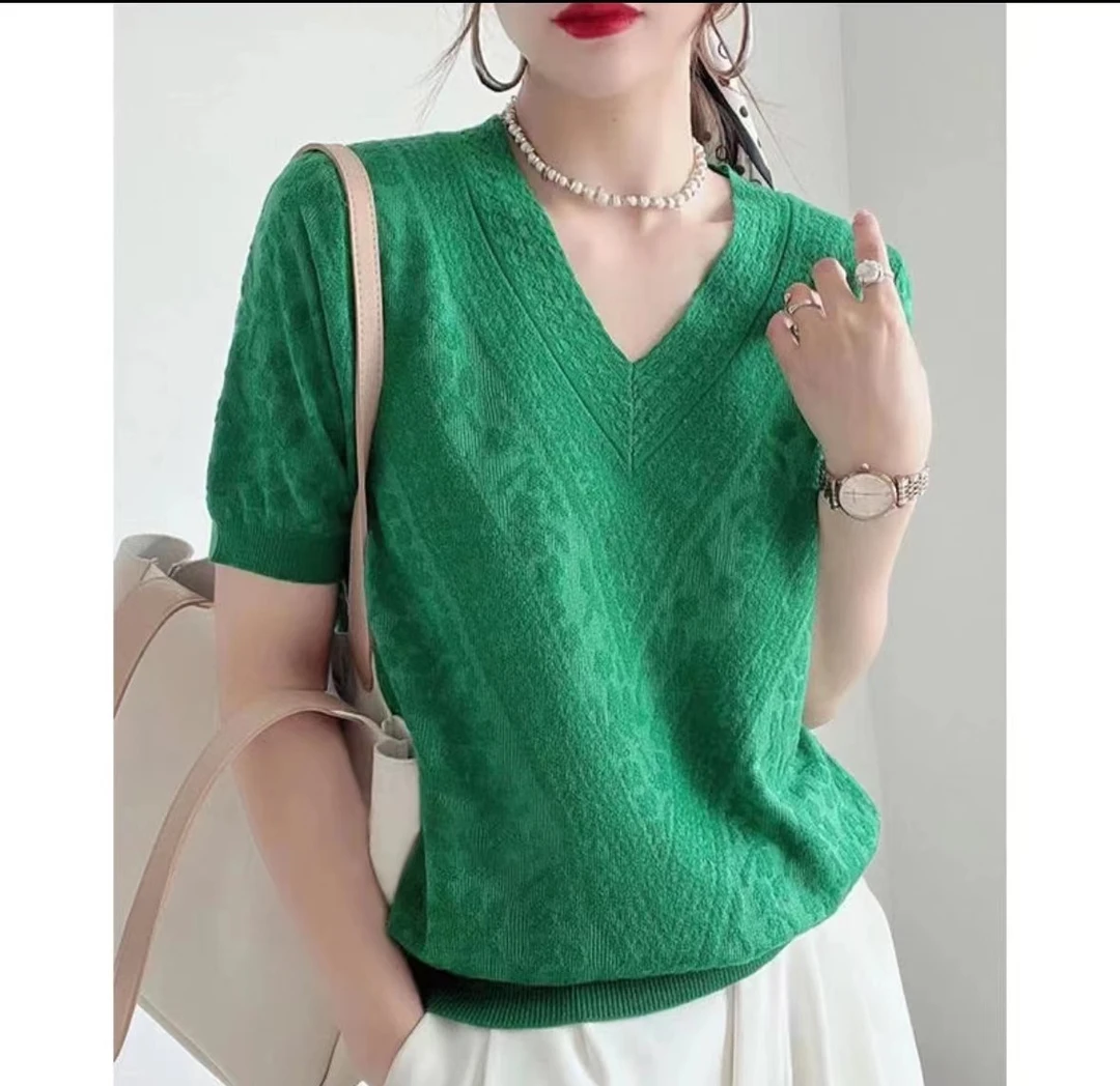 【绿色v领】女款80-200斤夏季钩花设计v领套头冰丝短袖上衣透气