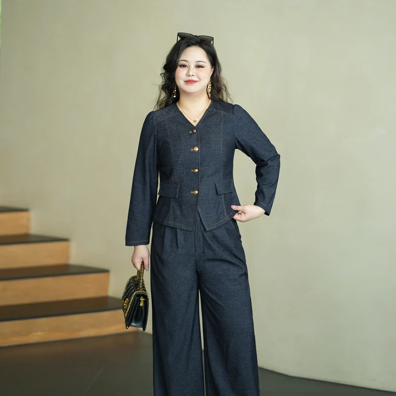 【暮色年华】大码女装新款牛仔套装2024年秋季开衫上衣阔腿裤两件套