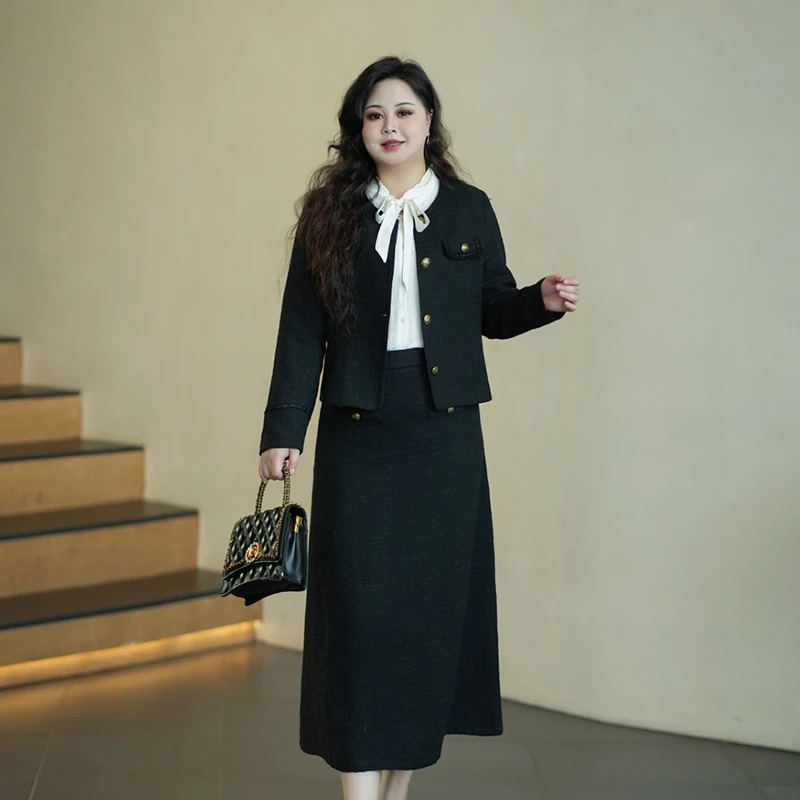 【丹麦秀场】大码女装小香风外套2025春季新款微衬衫半身裙三件套装