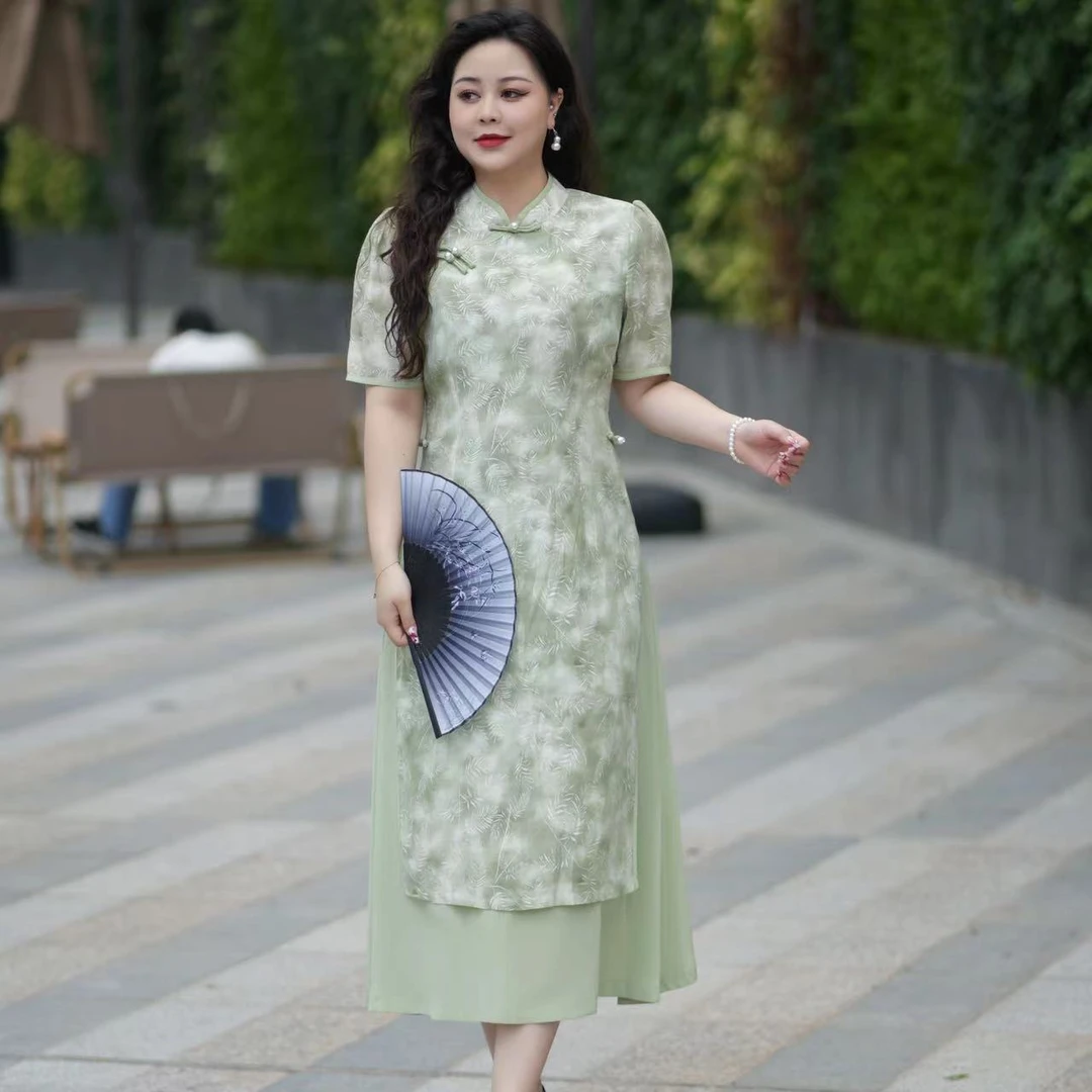 【绿荫袅袅】大码女装夏季新中式国风气质连衣裙遮肚显瘦时尚裙子