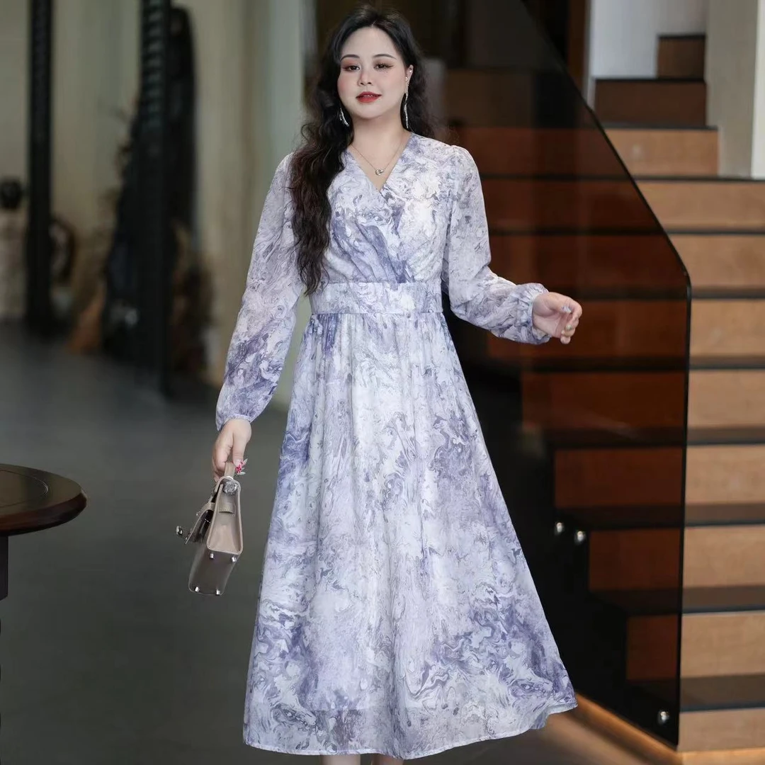 【梦游仙境】大码女装秋季新款2025连衣裙高端重工水墨收腰遮肚裙子