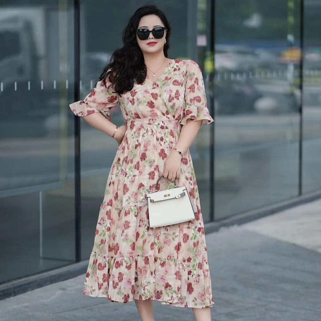 【繁花似锦】大码女装夏季新款气质减龄显瘦遮肚胖mm碎花连衣裙