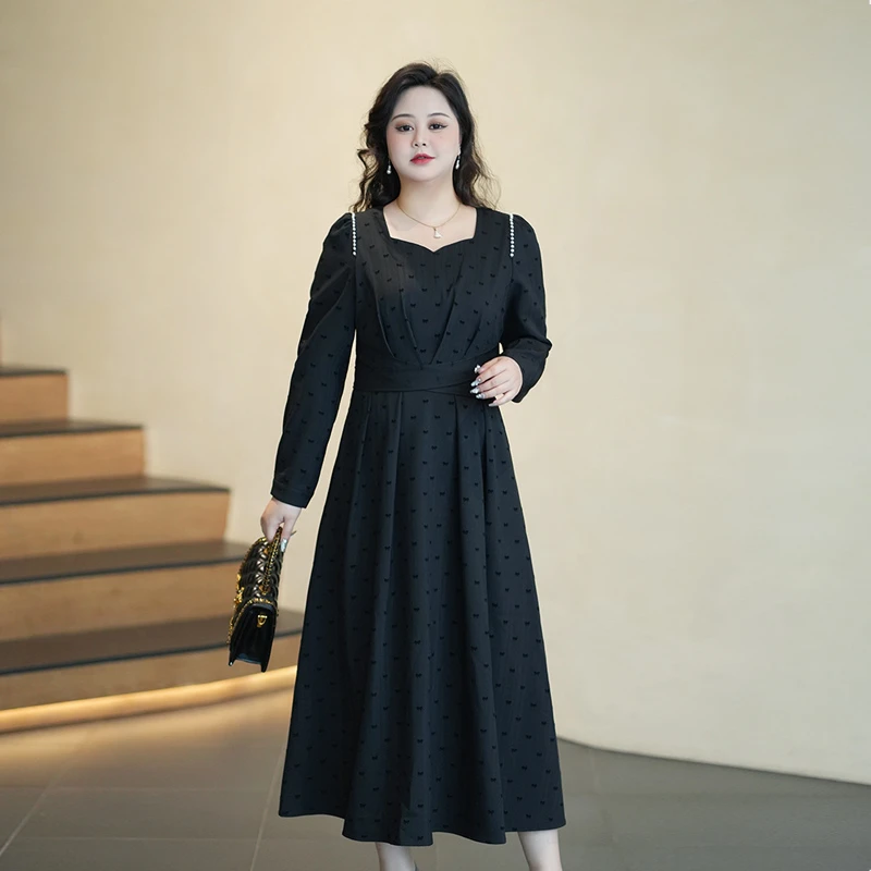 【夜幕晚歌】大码女装气质连衣裙秋季新款2024法式钉珠黑色显瘦裙子