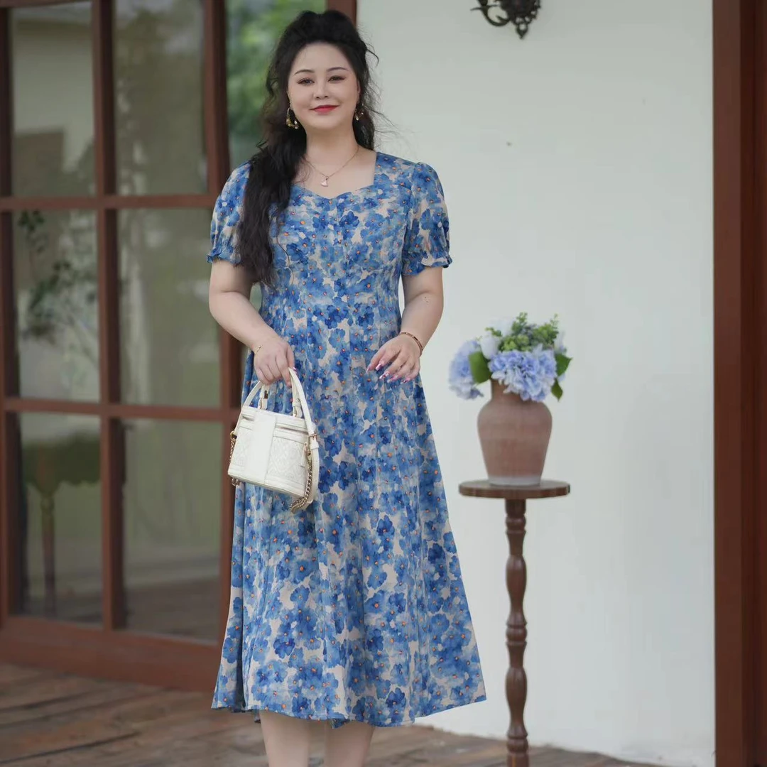 【蓝色格调】大码女装连衣裙夏季新款2024收腰遮肚气质法式碎花裙子