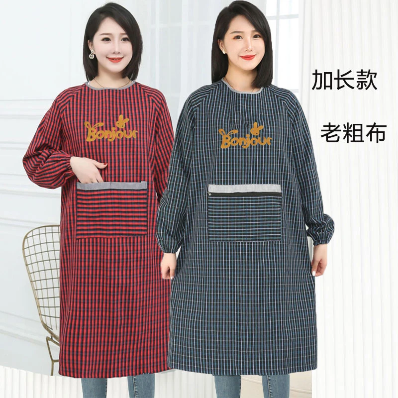 加长款老粗布围裙长袖家用摆摊防污罩衣时尚男女围腰工作服加大