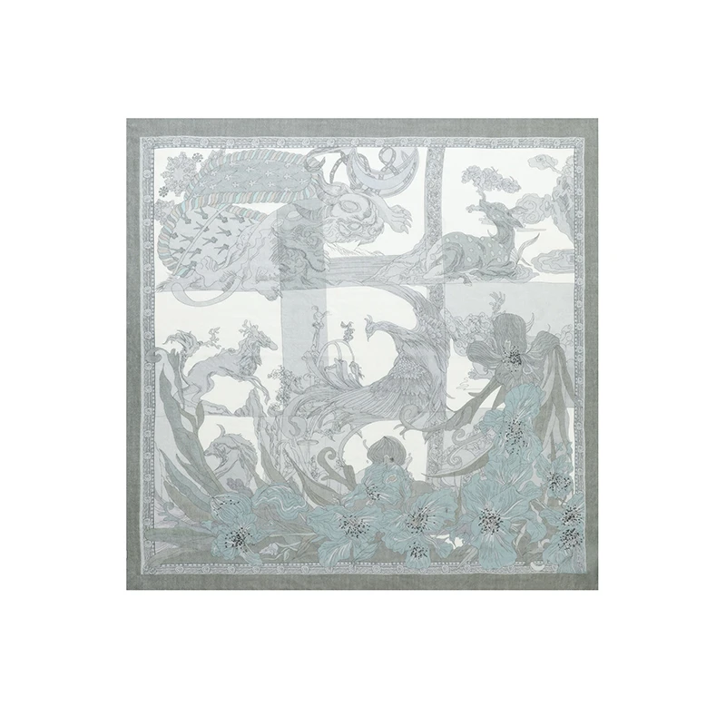 微次【瑞兽图】95*95戒指绒澳毛印花四季款百搭丝巾空调披肩