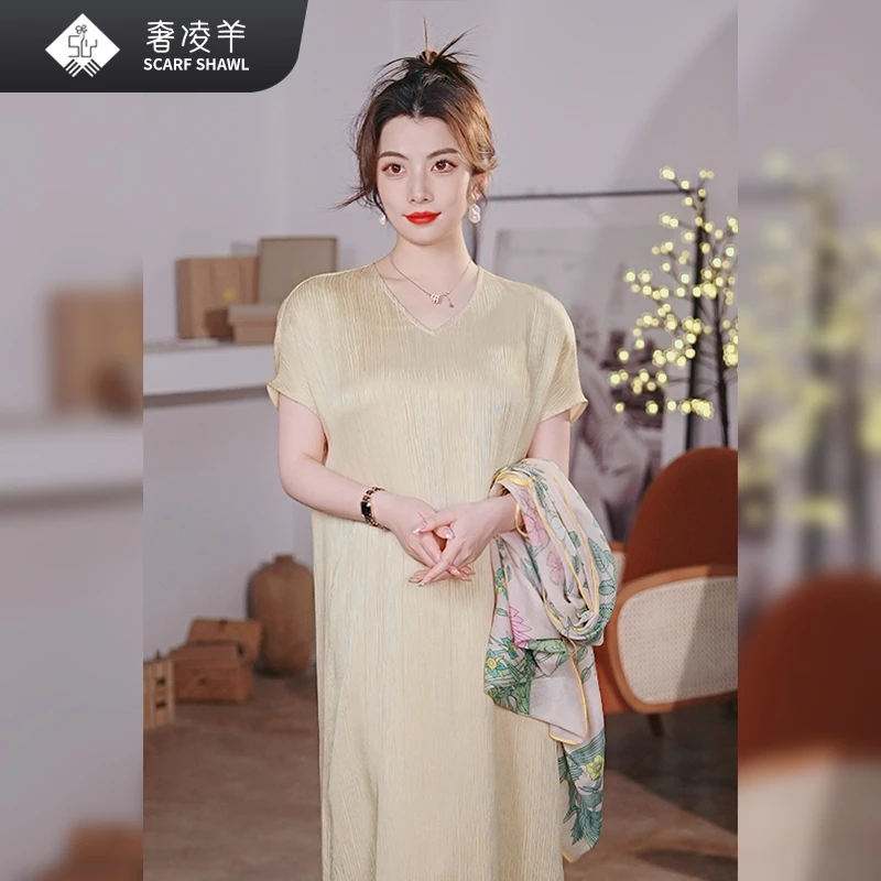 奢凌羊【维纳斯】V领宽松显瘦长款优雅法式气质连衣裙女装连衣裙