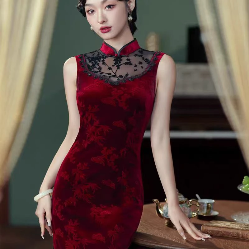 202秋季新款时尚大气新颖双侧开叉后拉链1旗袍裙