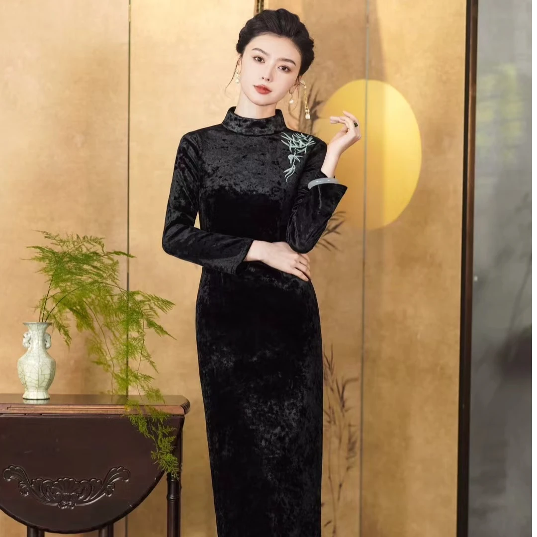 黑色改良款后开叉旗袍加绒复古气质修身长款日常可穿
