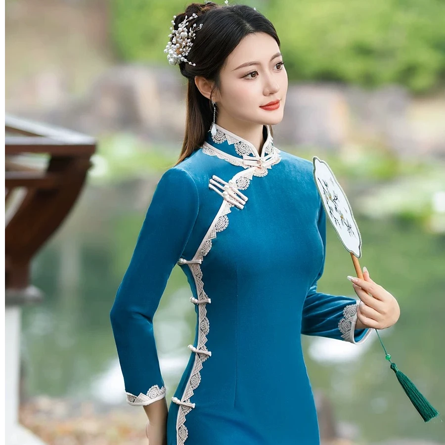 【古】秋季新款中式复古修身蓝色丝绒长款改良优雅显瘦旗袍日常可穿