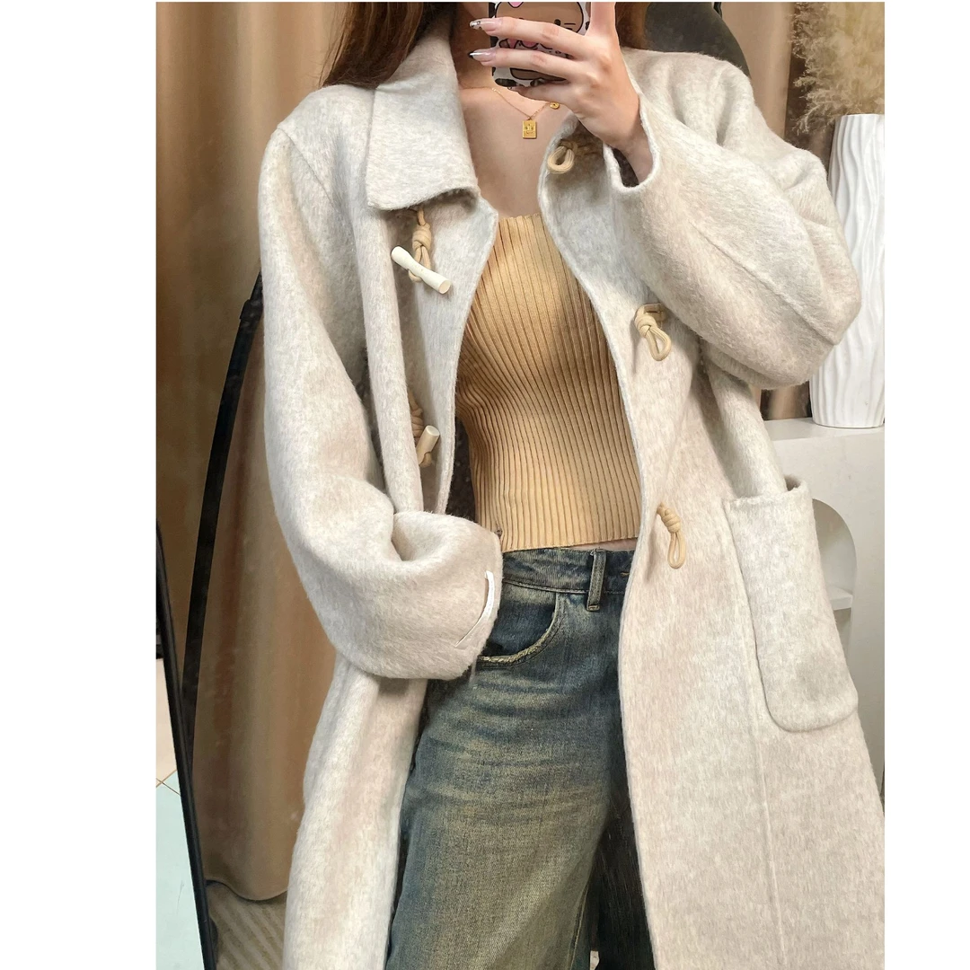 【505专属】韩系休闲牛角扣大衣女2024秋冬季新款高级感赫本风外套