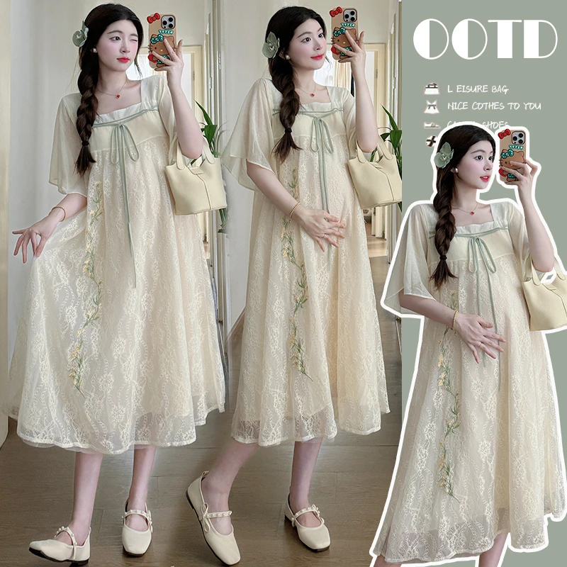 2024夏季新款孕妇改良蕾丝刺绣宽松孕妇连衣裙孕妇裙孕妇装中长款