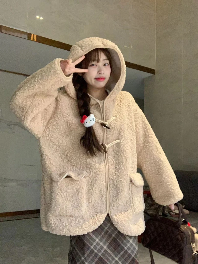 甜圈圈【小棕熊】羊羔毛牛角扣宽松外套百搭保暖连帽羊羔毛外套