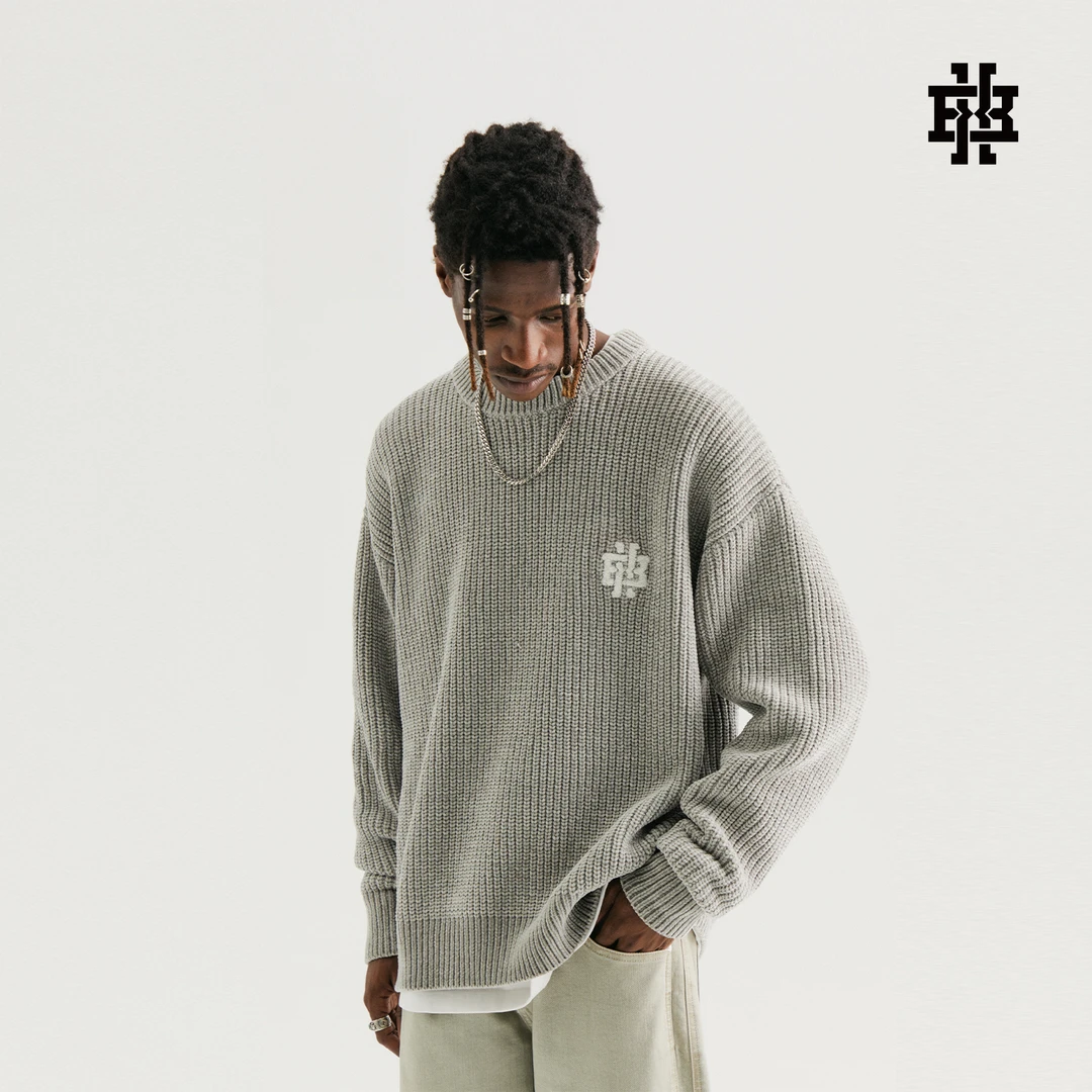 B.X【小店】美式圆领雪尼尔宽松花纱毛衣绿色新款百搭刺绣logo上衣