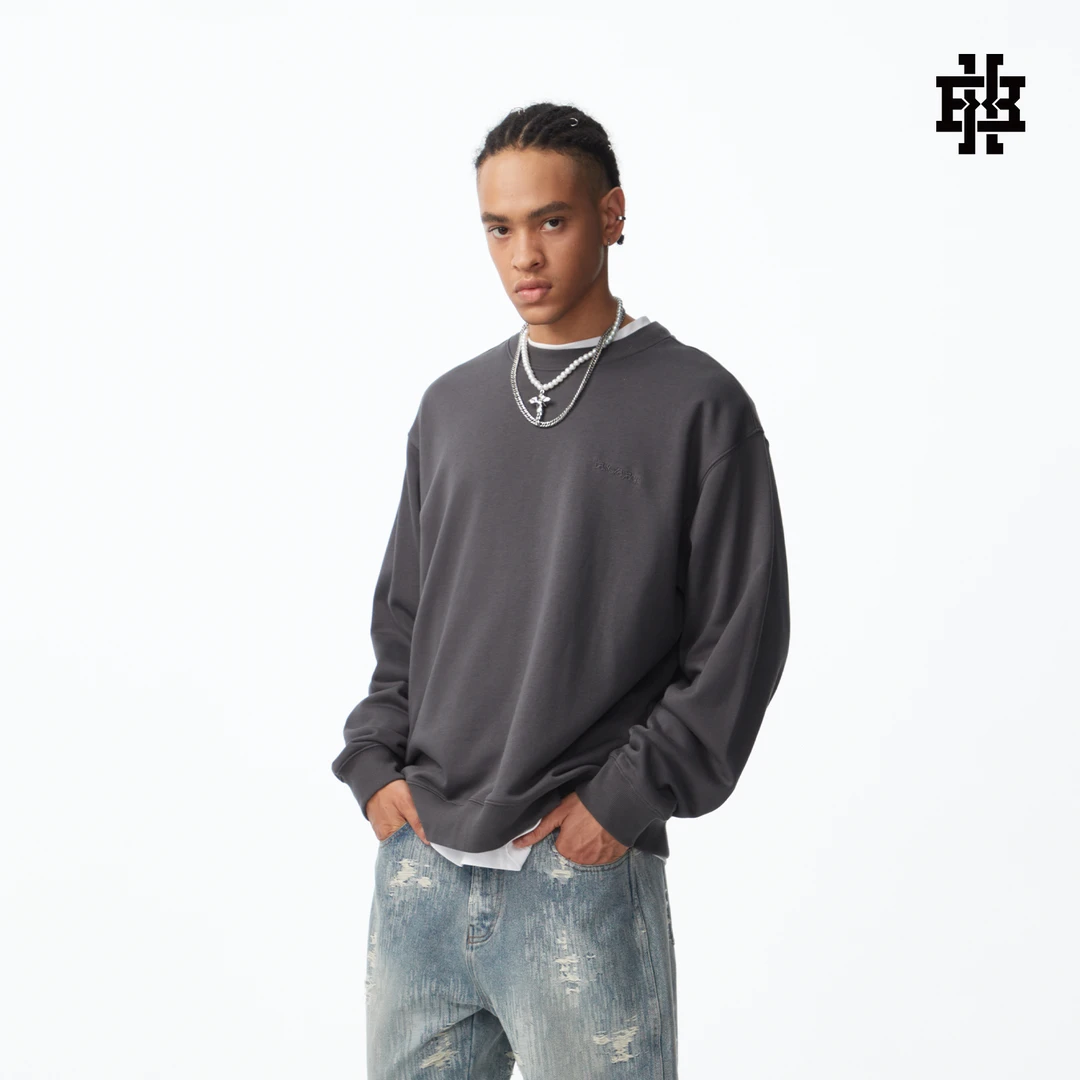 B.X美式潮牌365G重磅毛圈圆领卫衣男士秋季新款高密刺绣男装上衣