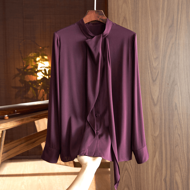 法式重磅真丝衬衫女气质2024年春装设计感小众飘带立领桑蚕丝上衣