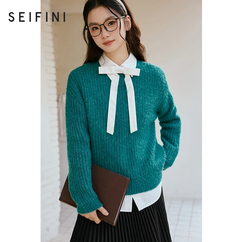 诗凡黎圆领秋冬套头针织衫撞色冬新款慵懒风高级感流行漂亮上衣女