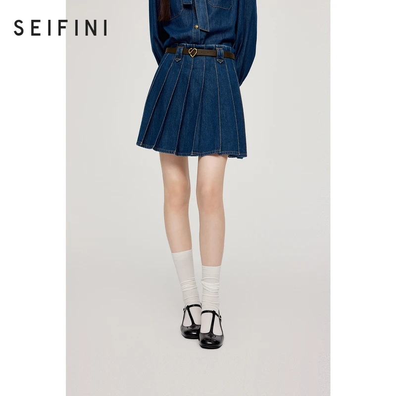 0871【金拐子专属】诗凡黎牛仔百褶半裙秋款显瘦A字半身短裙