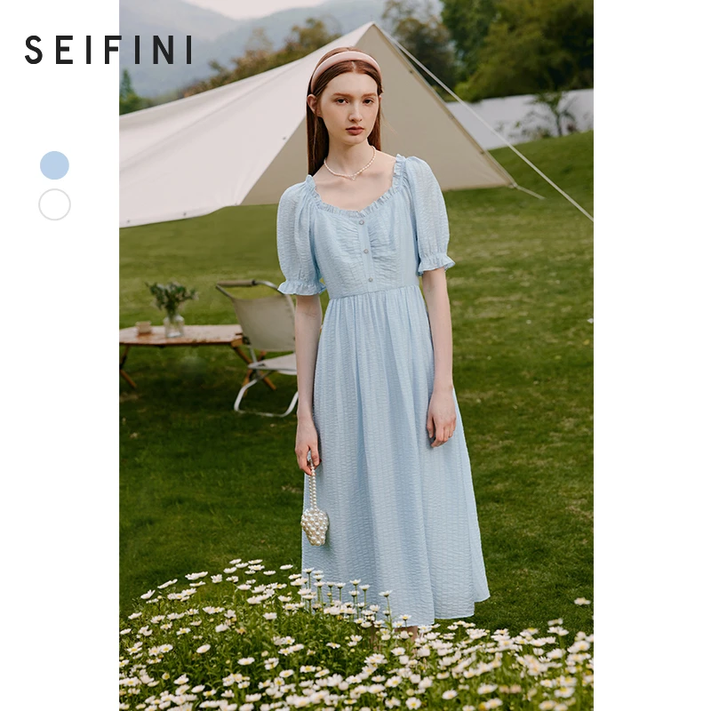 3001【赵老板专属】诗凡黎设计肌理感蓝色夏新款法式连衣裙