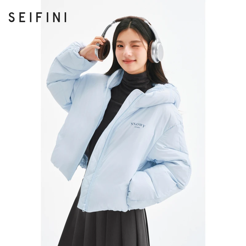【90鸭绒】诗凡黎蓝色连帽短款羽绒服冬季新款时尚上衣保暖通勤外套