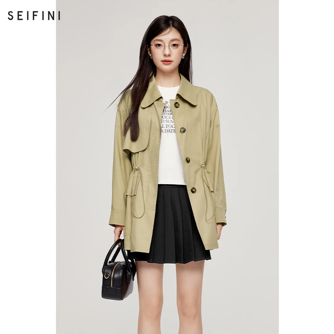 诗凡黎莱赛尔翻领卡其风衣2025新款工装风外套高腰女SF2460011