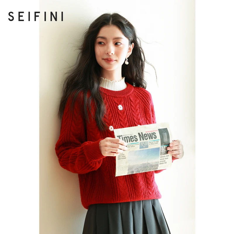 诗凡黎小雏菊刺绣针织衫韩系手工绞花毛衣25春新款内搭7FC131681