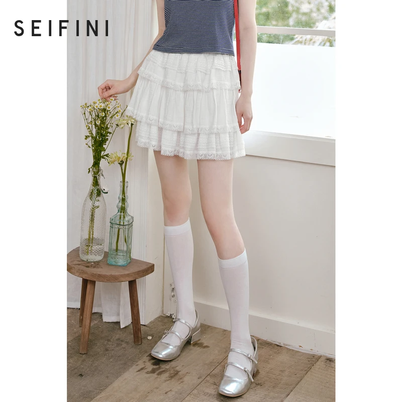 【芭蕾风】诗凡黎白色蓬蓬蛋糕半身裙2024夏新款小个子花边短裙女