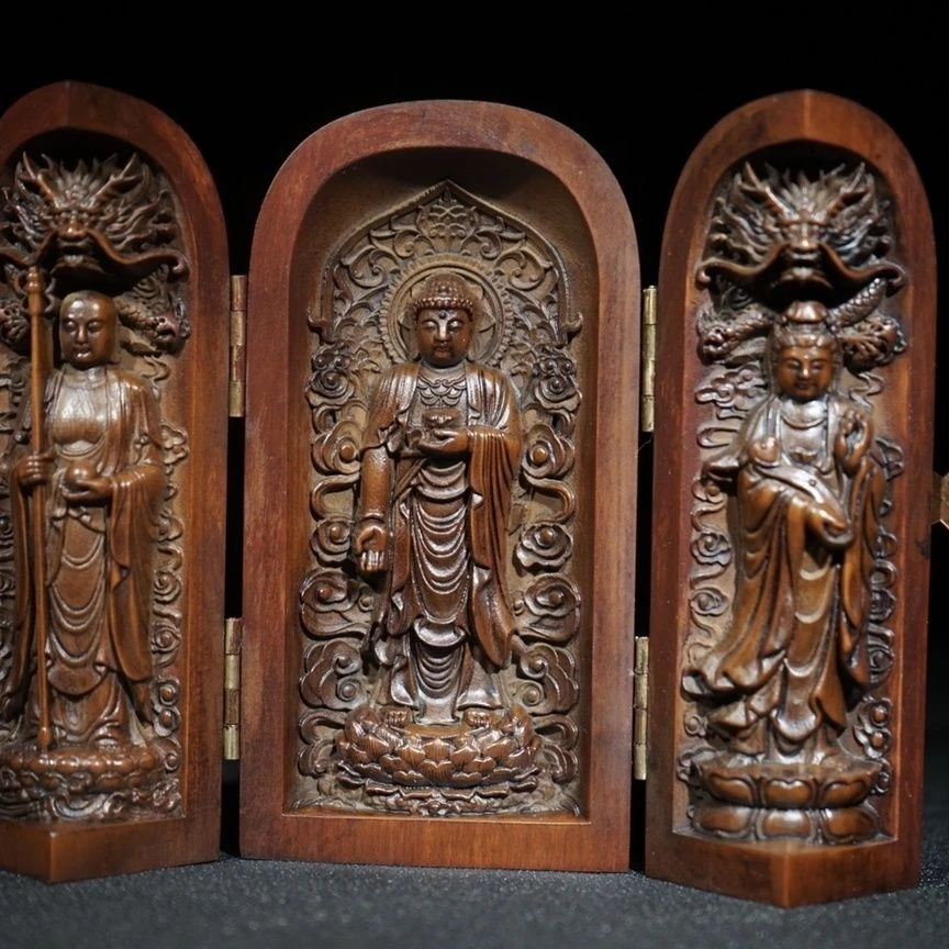 小叶黄杨木雕刻随身摆件 三开龛 木雕收藏