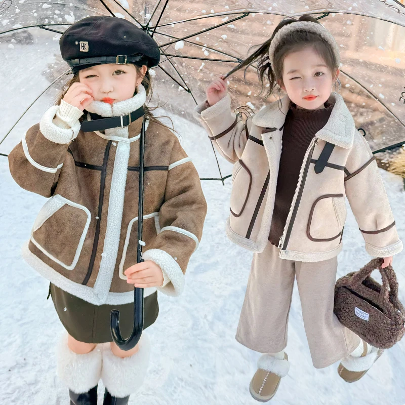 女童皮毛一体加绒外套洋气儿童秋冬装新款女宝宝加厚夹克小女孩潮