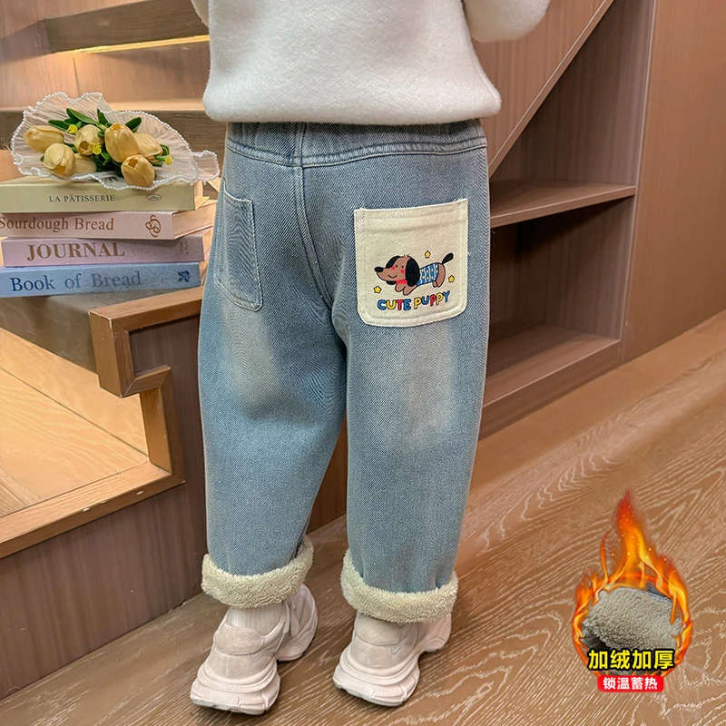 男女童加绒牛仔裤洋气儿童冬装新款女宝宝加厚一体绒老爹裤子女孩