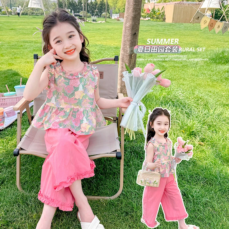 女童无袖套装洋气夏季新款女宝宝两件套背心阔腿裤小女孩时髦爆款