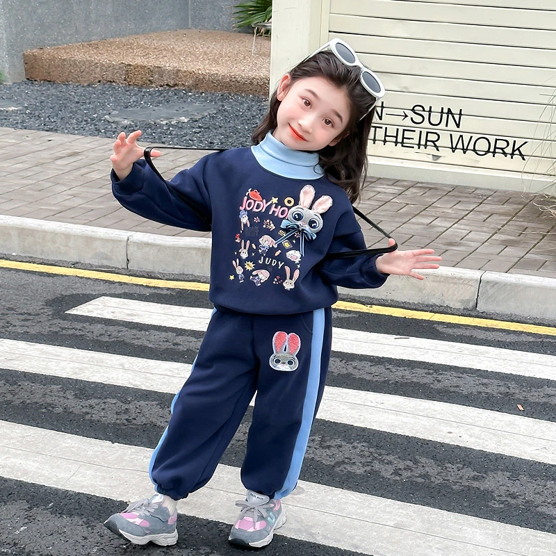 女童加绒加厚套装洋气儿童秋冬装新款韩版女宝宝卡通两件套小女孩