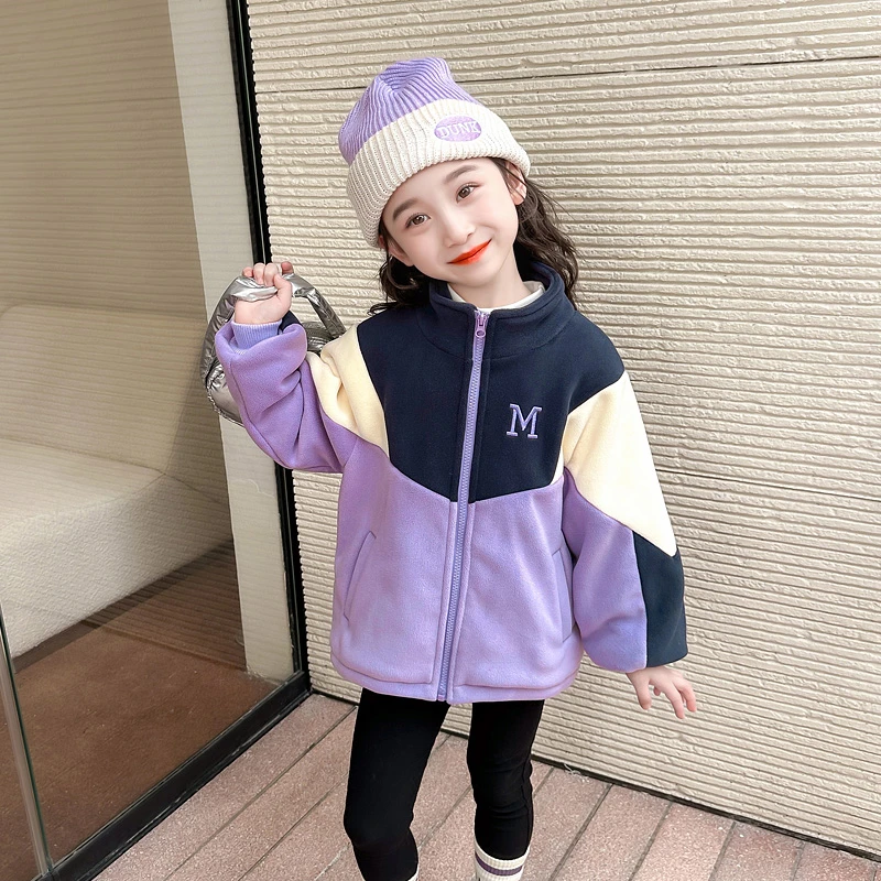 女童加绒拼色外套洋气儿童秋冬装2024新款女宝宝加厚休闲上衣小童