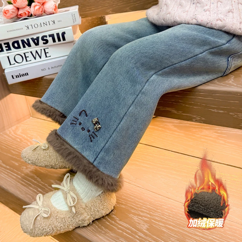 女童加绒牛仔裤洋气儿童秋冬装新款女宝宝加厚一体绒直筒裤子女孩