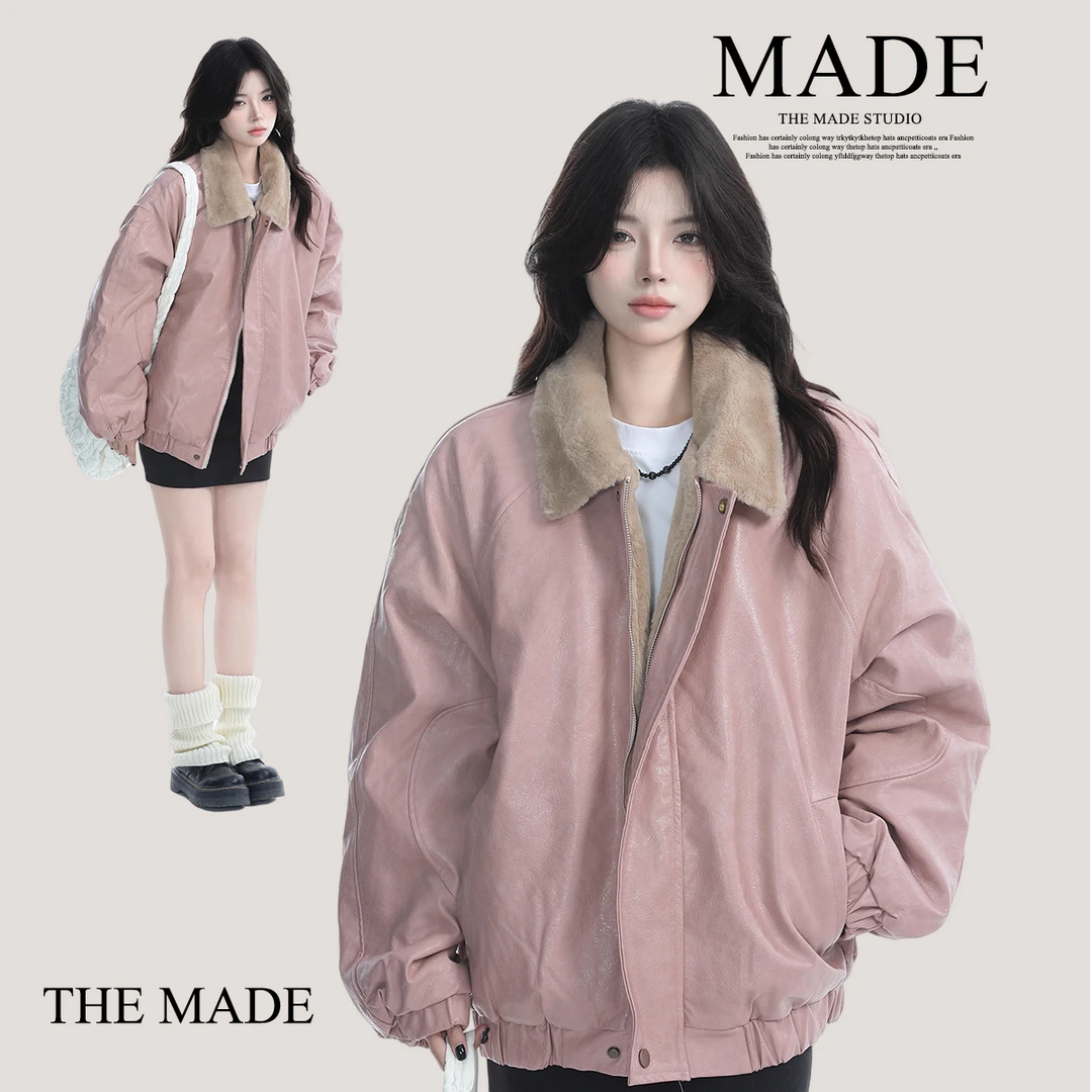 THE MADE美式复古皮毛一体粉色皮衣棉服女秋冬季宽松翻领夹克外套