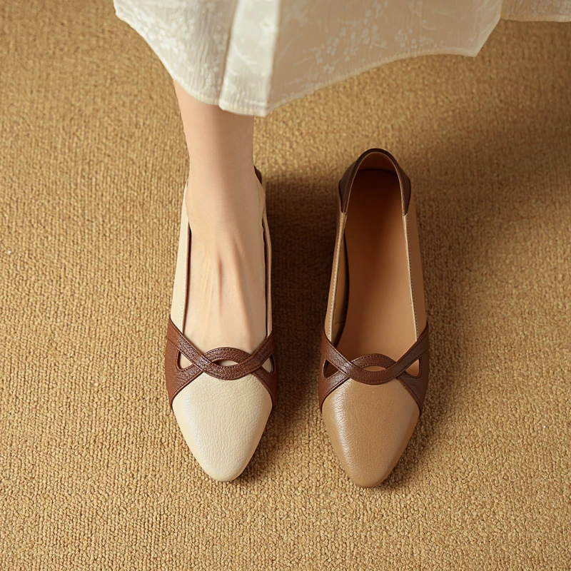 头层羊皮/3cm复古法式休闲单鞋2024浅口粗跟平底鞋百搭一脚蹬鞋子