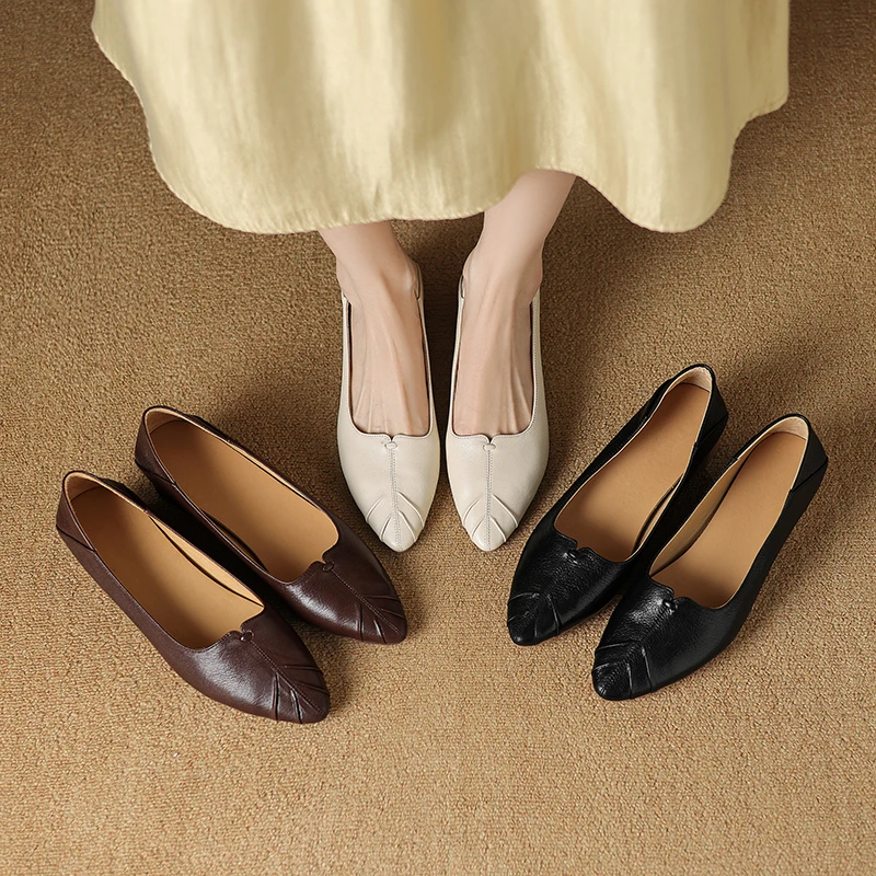 头层羊皮/3cm夏季新款浅口单鞋女法式百搭粗跟软底尖头妈妈鞋秋季